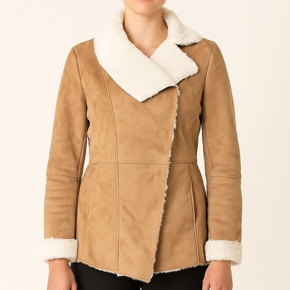 Style & Co Beige Cream Faux Suede/Fur Drape Coat Womens Size Medium NWT - Picture 1 of 9